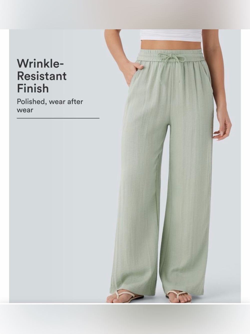 High Waisted Drawstring WideLegBaggy Casual Linen-Feel Pants Olive Green Large